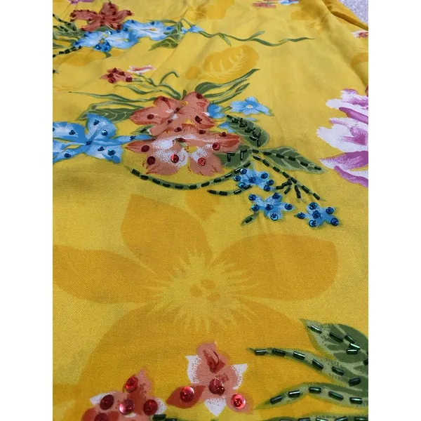 Indian Tropical Fashion Yellow Floral Beaded Sequin Rayon Sundress V-Neck M - Image 2