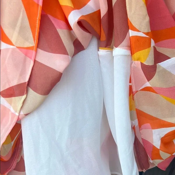 Cato Pink Orange Yellow Abstract Graphic Cold Shoulder Blouse L Large NWT Ruffle - Image 6