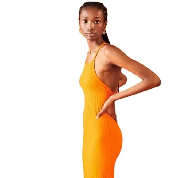 Zara Women's Orange Ribbed‎ Midi Dress Halter Neck Open Back Size Small - Image 2