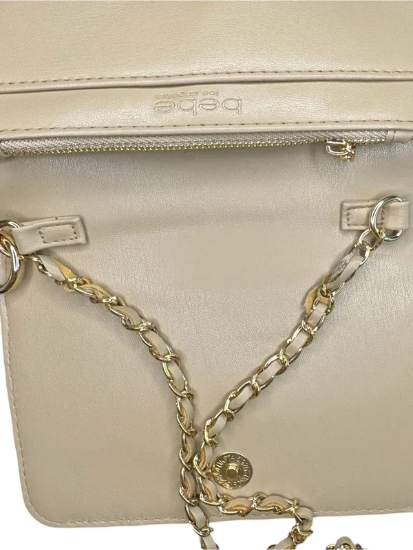 Bebe Woven Clutch Purse Chain Strap Beige Gold Tone Logo Bag - Image 12