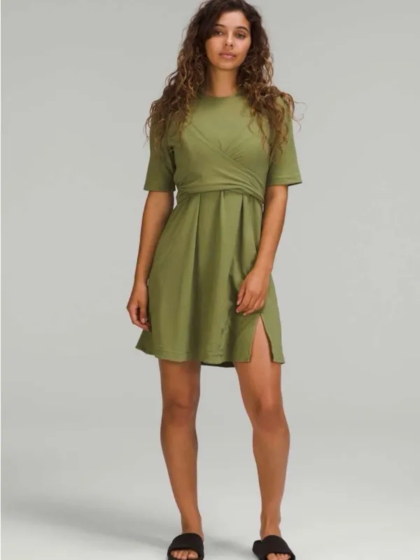 Lululemon cotton wrap front t-shirt dress bronze green women’s 10 Athleisure - Image 5