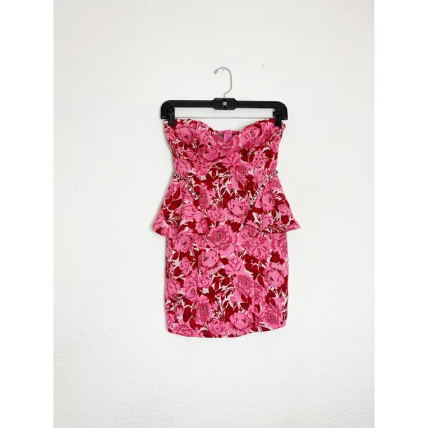 NWT ZARA Rose Floral Jacquard Peplum Mini Dress Size Medium Rhinestone Strapless - Image 4