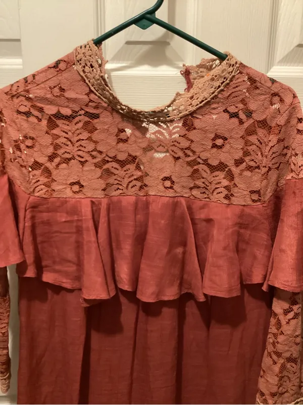 entro Rust Lace Yoke Ruffle Long Sleeve Dress - Image 3