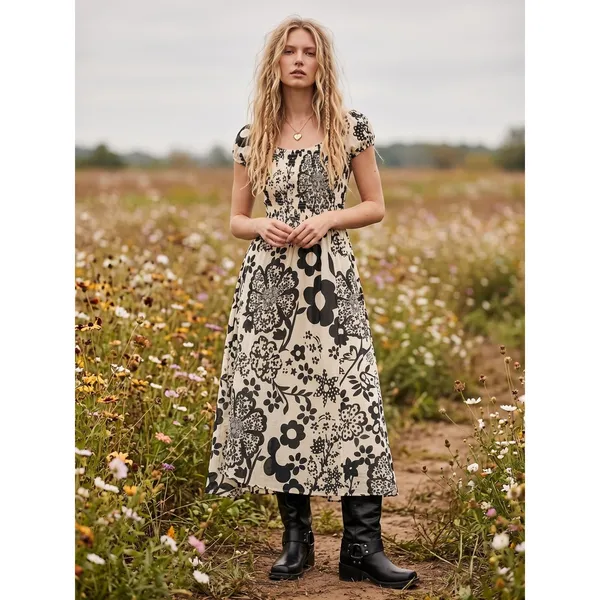 Free People Bohemian Ultraviolet Midi Maxi Dress Black White Floral Size XL - Image 2