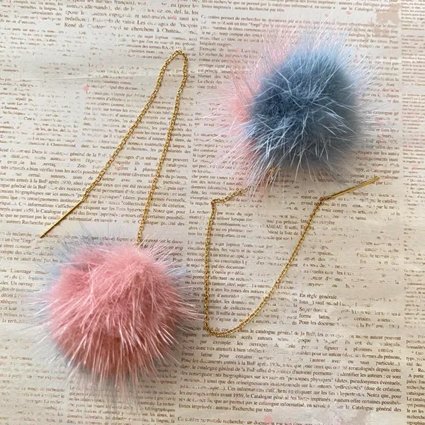 Kawaii cute faux fur pompom dangle threader earrings✨ - Image 2