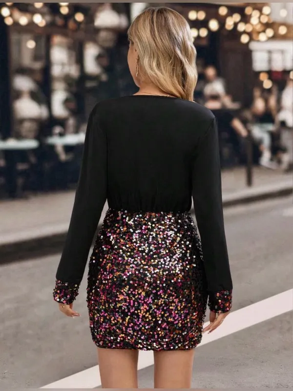 SheIn Black Long-Sleeve Sequin Mini Dress-Large / Size 8-10 - Image 2