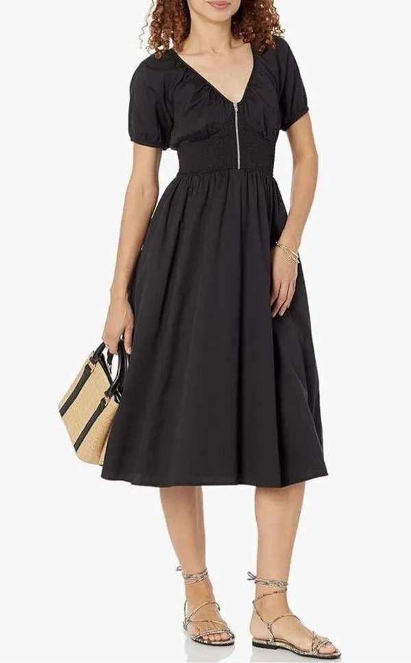 NEW Black The Drop Daksha Cotton Smocked Zipper Detail Dress XS - Image 5