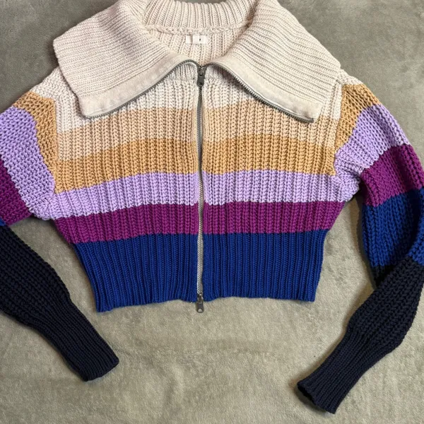Women's Chunky Knit Colorblock Ribbed Knit Full Zip Sweater Size S Cropped Retro - Image 6