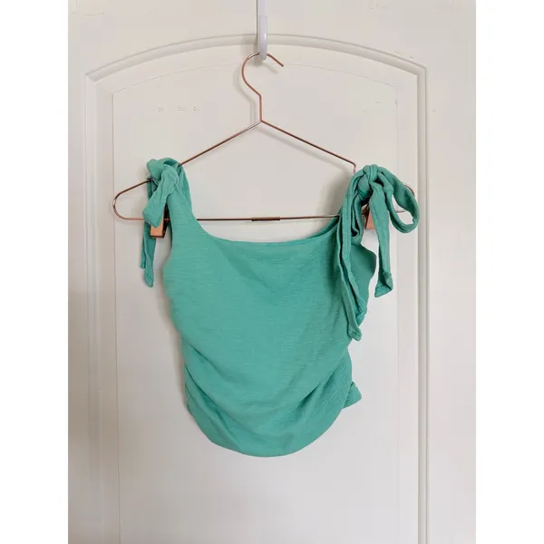 Free People Crop Top Womens Small Mint‎ Green Tie Shoulder Ruched Ribbed Boho - Image 5