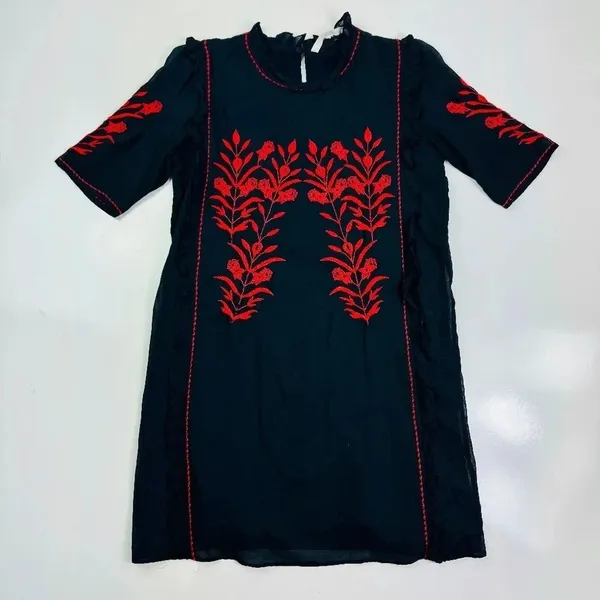 Zara Embroidered Dress Floral Ruffle Trim Black Red Short Sleeve Size‎ XS - Image 3