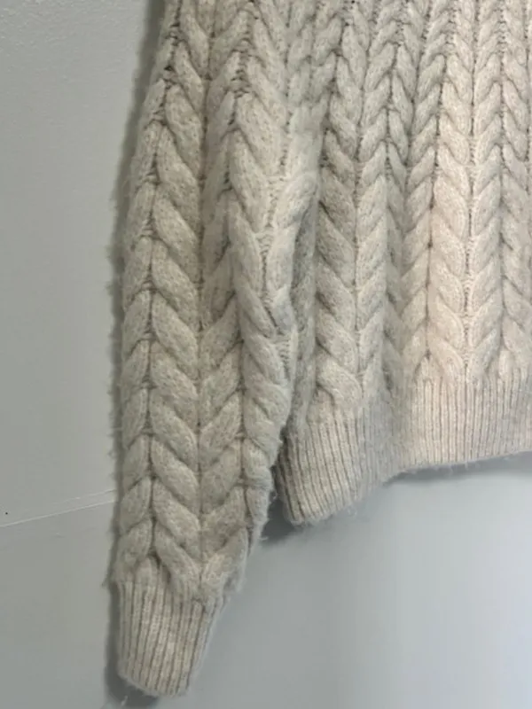 H&M M Alpaca Blend Cable Knit Sweater Oatmeal Oversized Chunky Crew Neck Ribbed - Image 6