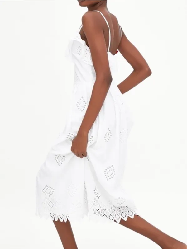 Zara White Eyelet Ruffle Sleeveless Midi Summer Dress Size XS - Image 2