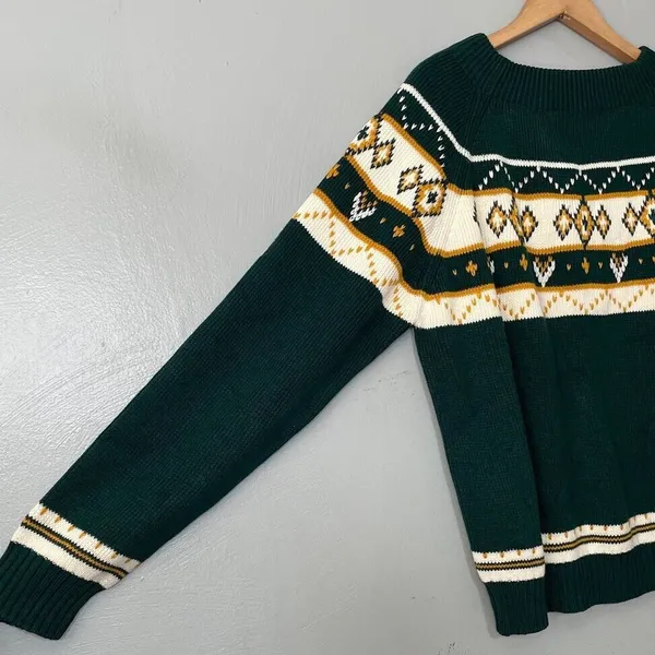 Vintage JCPenney Size XL Green Yellow Sweater Diamond Fair Isle Nordic 70s Retro - Image 2