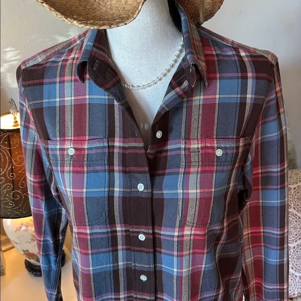 Ralph Lauren, brown blue rose plaid button-down, cotton western shirt S​​ - Image 2