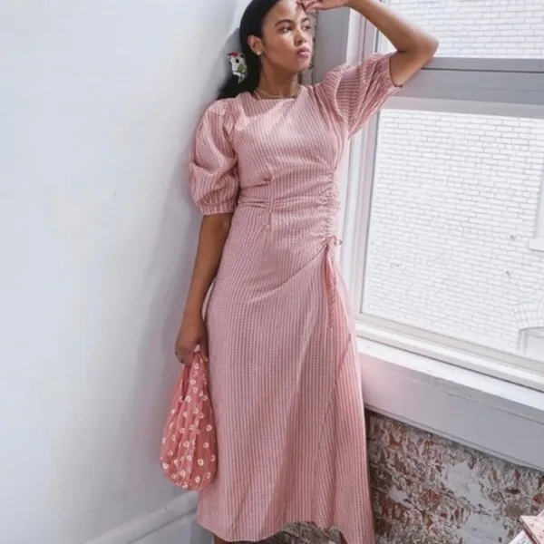 Zara Gathered Waist Puff Sleeve Pink Plaid Midi Dress S Style 4786/056 - Image 10