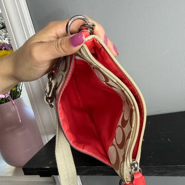 Coach Khaki Signature Canvas Crossbody with Red Leather Trim - Image 4