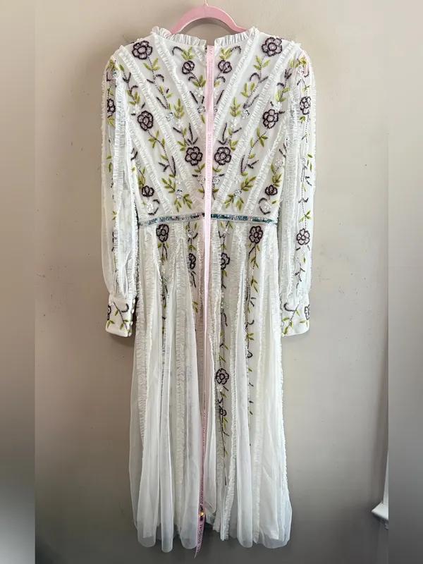NWT MAC DUGGAL 9133 Hand-Beaded Floral Long-Sleeve Midi‎ Dress, Sz 2, IvoryMulti - Image 10
