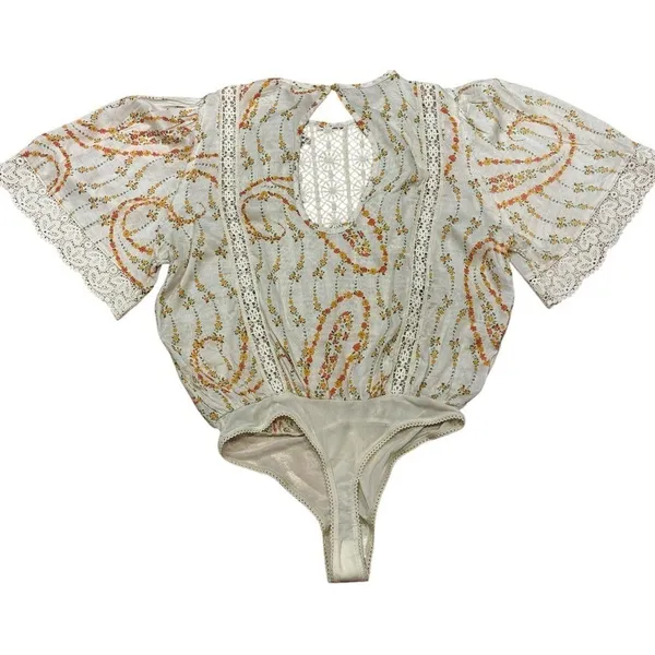 Free People Bali Tate Blousy Bodysuit Floral Top Tapioca Boho‎ Crochet XS - Image 5