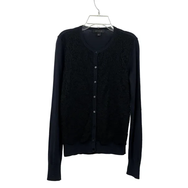 Ann Taylor Cardigan Sweater Womens S Used Navy with Black Lace Front - Image 13