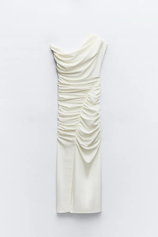 ZARA Sad maxi dress ruched stretch white wedding Elegant White One-Shoulder evening - Image 12