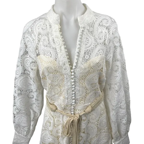NEW L'atiste White Paisley Lace Long Sleeve Belted Midi A-Line Shirt Dress Sz M - Image 4