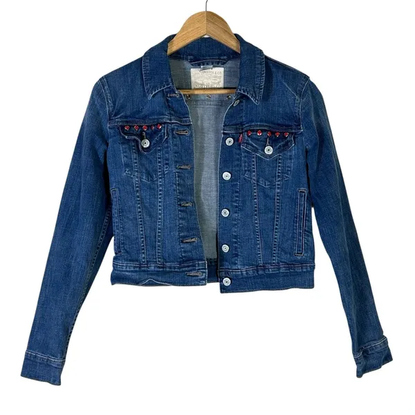 Levi's Cropped Trucker Denim Jacket Medium Wash Studded Western Size S - Image 2