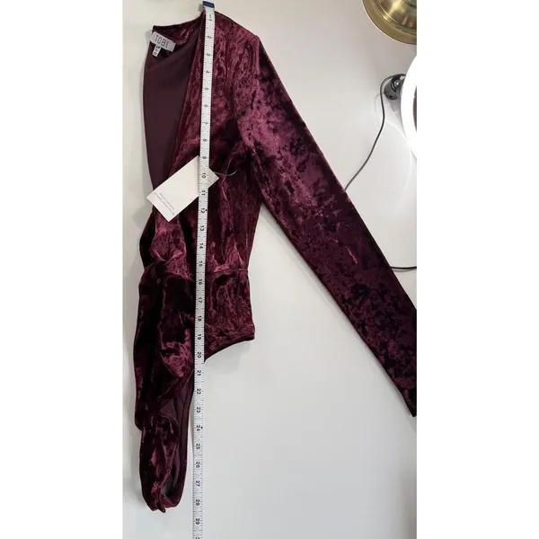 Tobi Burgundy Crushed Velvet Plunge‎ V-Neck Tie Front Bodysuit Whimsigoth Small - Image 7