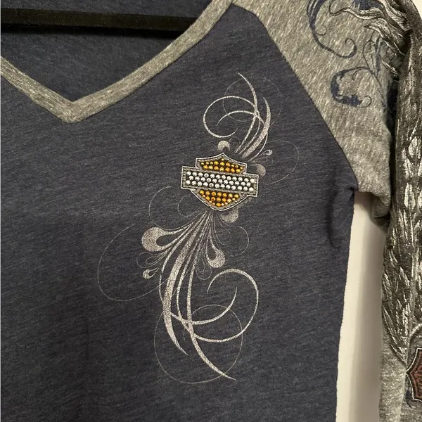 Harley-Davidson Rhinestone Logo Raglan Top Small Gray Blue Biker Tee - Image 6