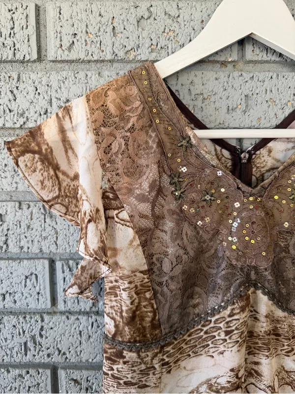 Vtg Y2K Hyukbee Rare Lace Sequin Top Brown Snake Print Babydoll - Image 4