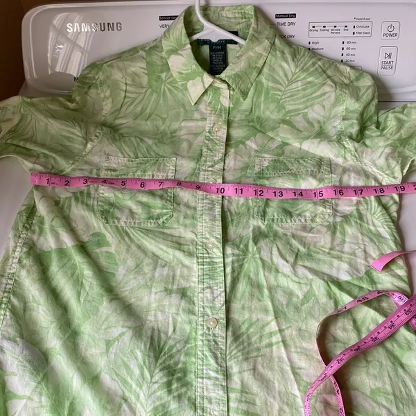 Ralph Lauren Petite Medium 100% cotton green & white long sleeve roll tab blouse - Image 6