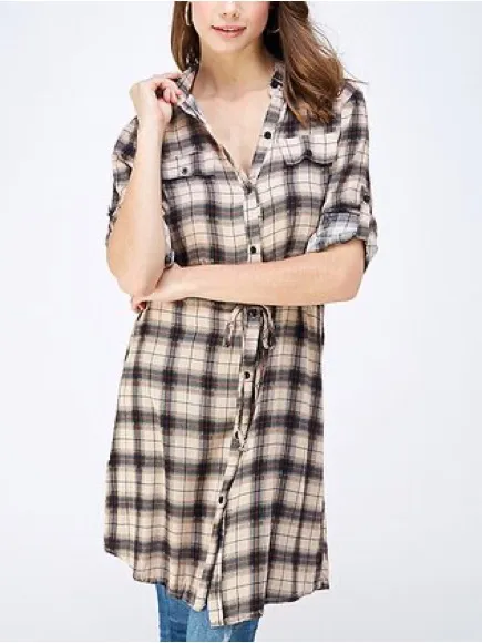 Button-Front Plaid Tie-Waist Long Sleeve Dress - Navy and Cream size L - Image 2