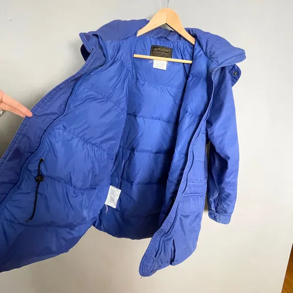 Vintage Eddie Bauer Coat Down FLAWS Women Parka Blue Hooded Winter Coat Medium - Image 16