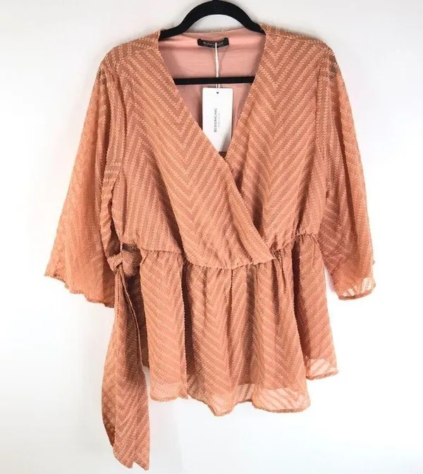 Bloomchic Geometric Mesh Surplice Neck Belted Ruffles Blouse Sheer Pink 12 - Image 4