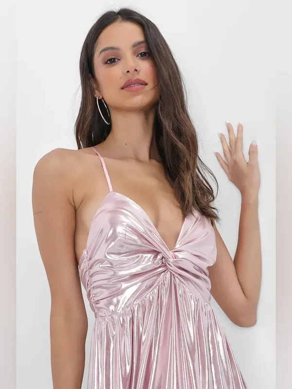 NWT Lulu’s Fabulous Finesse Light Pink Metallic Twist Front Maxi Dress Size XXS - Image 3