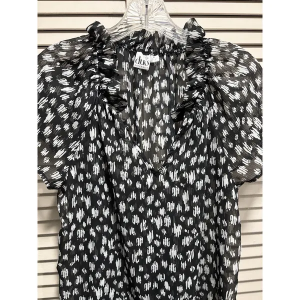 Duo Maternity Black/Cream Geo Sheer‎ Chiffon Short Sleeve Blouse Size M Ruffle - Image 2