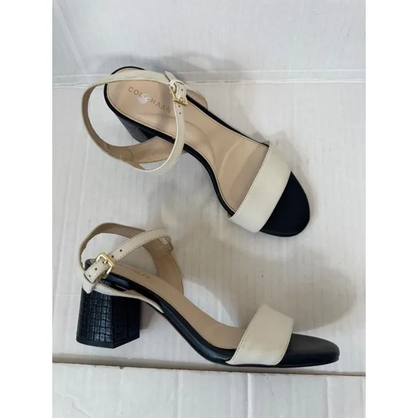 Cole Haan Black Cream Leather Heeled Sandals Womens 6.5 Preppy Dressy Shoes - Image 11