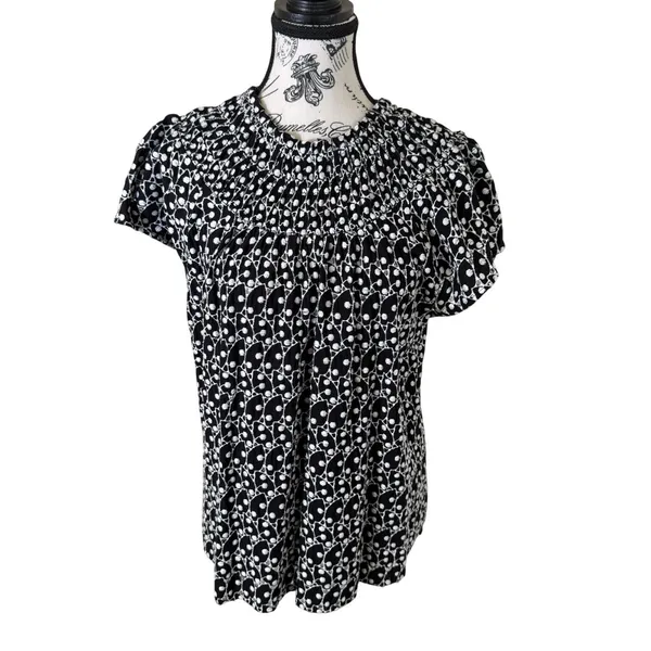 Loft Women's Petite Blouse Black White Size L Polka Dot Boat Neck Short Sleeve Casual - Image 2
