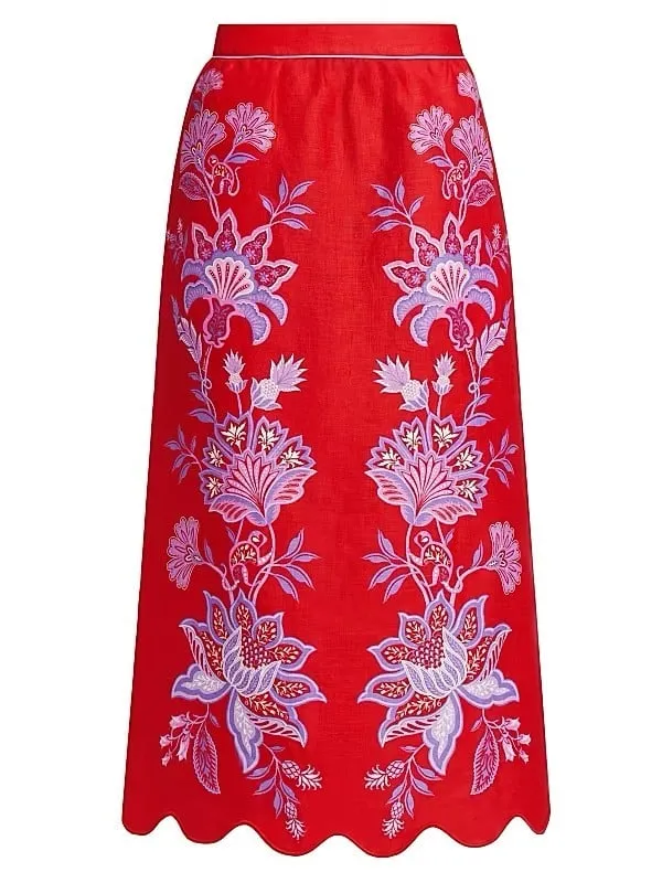 NWOT Farm Rio Red Porcelain Garden Scalloped Linen Midi Skirt Size S - Image 2