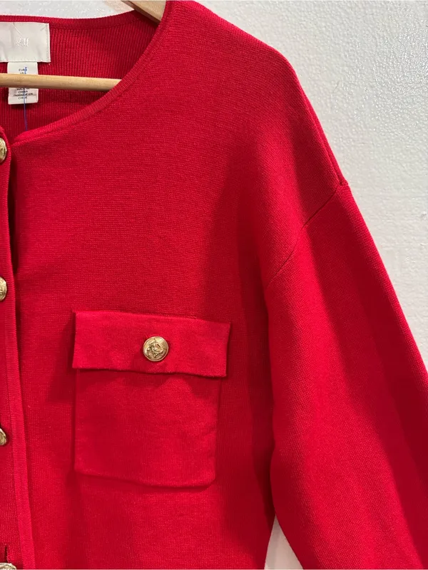 H&M Red Knit Cardigan Sweater Gold Button Front Women’s Size S Classic - Image 5