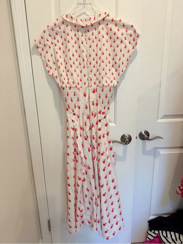 ANTHROPOLOGIE Pineapple Printed V-neck Smocked Waist Midi Dress White size Small - Image 5