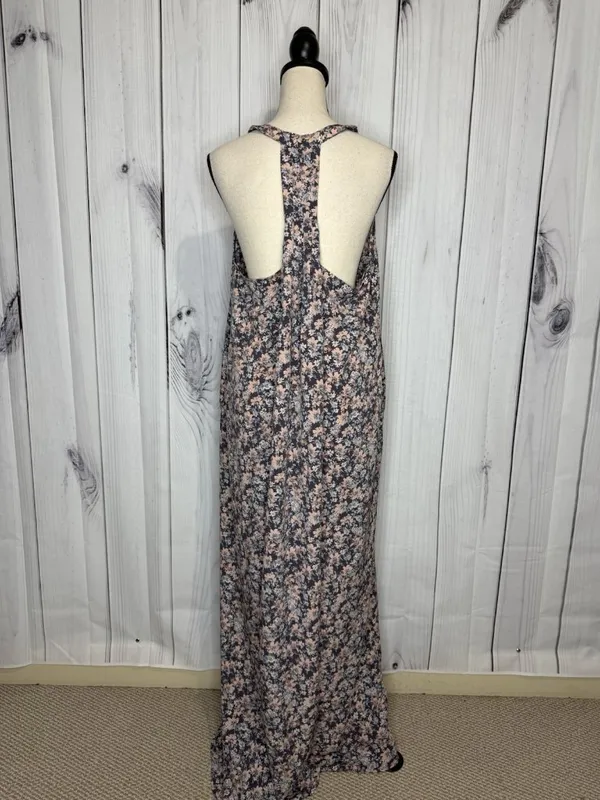 LoveStitch Long Floral Maxi Dress Sz L Pockets Purple Pink Racerback Beach - Image 7