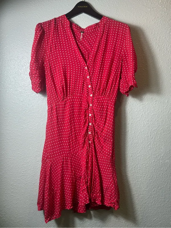 Free People Pippa Red Polka Dot Ruched Button Front Mini Dress Size M‎ - Image 2