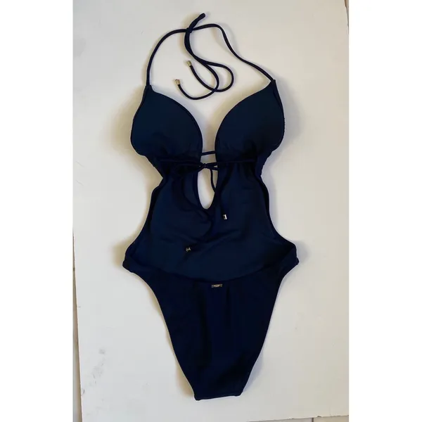 Abercrombie & Fitch Navy Blue Ruffle Plunge‎ Halter One Piece Swimsuit Small NEW - Image 4