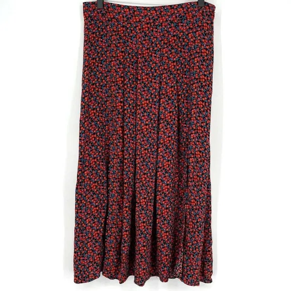 ZARA High Waisted Floral Flowy 2 Slits Preppy Midi Skirt Side Zip Up S Red Black - Image 2