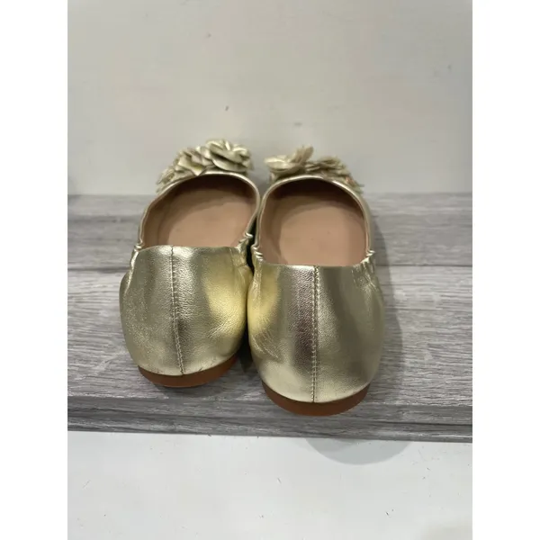 Tory Burch Minnie Travel Ballet‎ Flats Gold Metallic Leather Flower Womens 6.5 - Image 3
