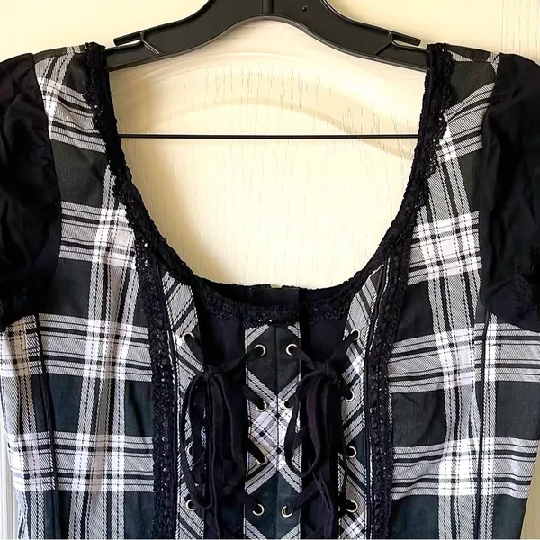 Tripp NYC Plaid Lace-Up Corset Top Cotton‎ Black White Gothic Punk XL EUC - Image 2