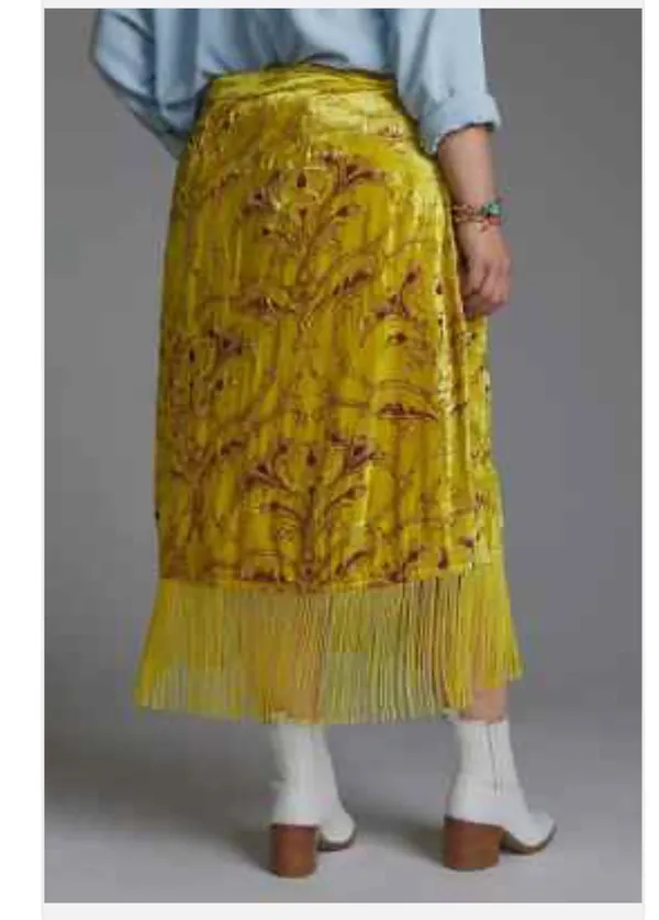 Anthropologie Slim Fringed Velvet Midi Skirt Flowy High Waisted Yellow - Image 6