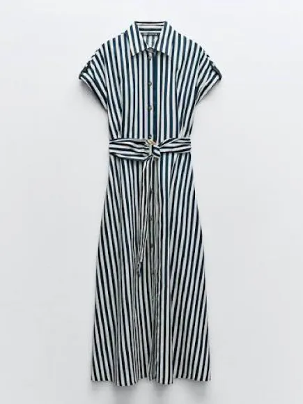 Zara Striped Linen Blend Button-Front Midi Dress Waist Tie - Navy & White - Image 2