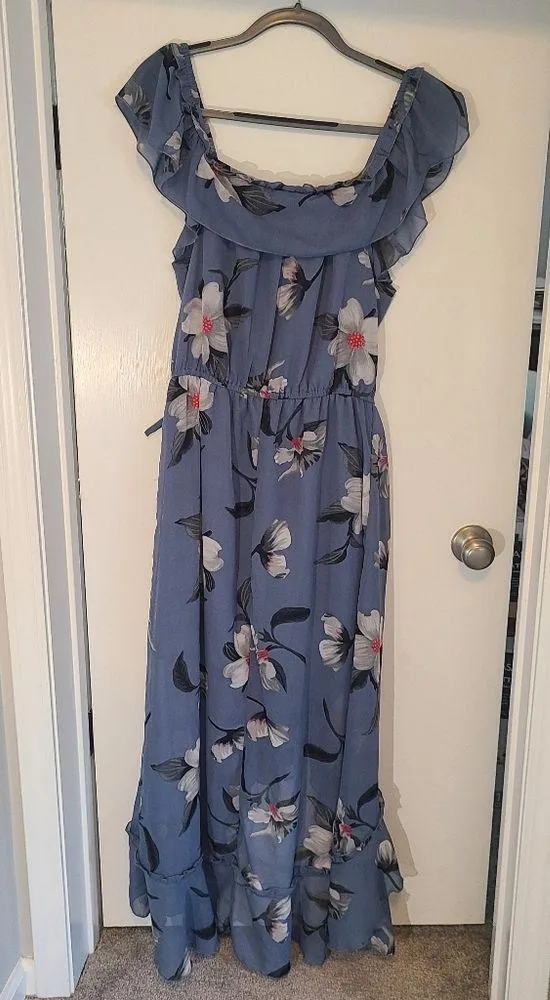 Hint of Blush Long Maxi Flutter Dress Size Large Magnolia Floral Blue High Low - Image 2