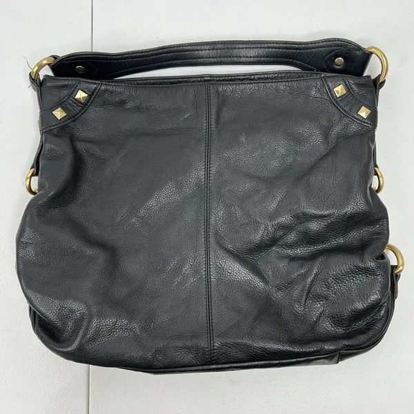 B. Makowsky Large Hobo Shoulder Bag Black Pebbled Leather Studded Gold Hardware - Image 2